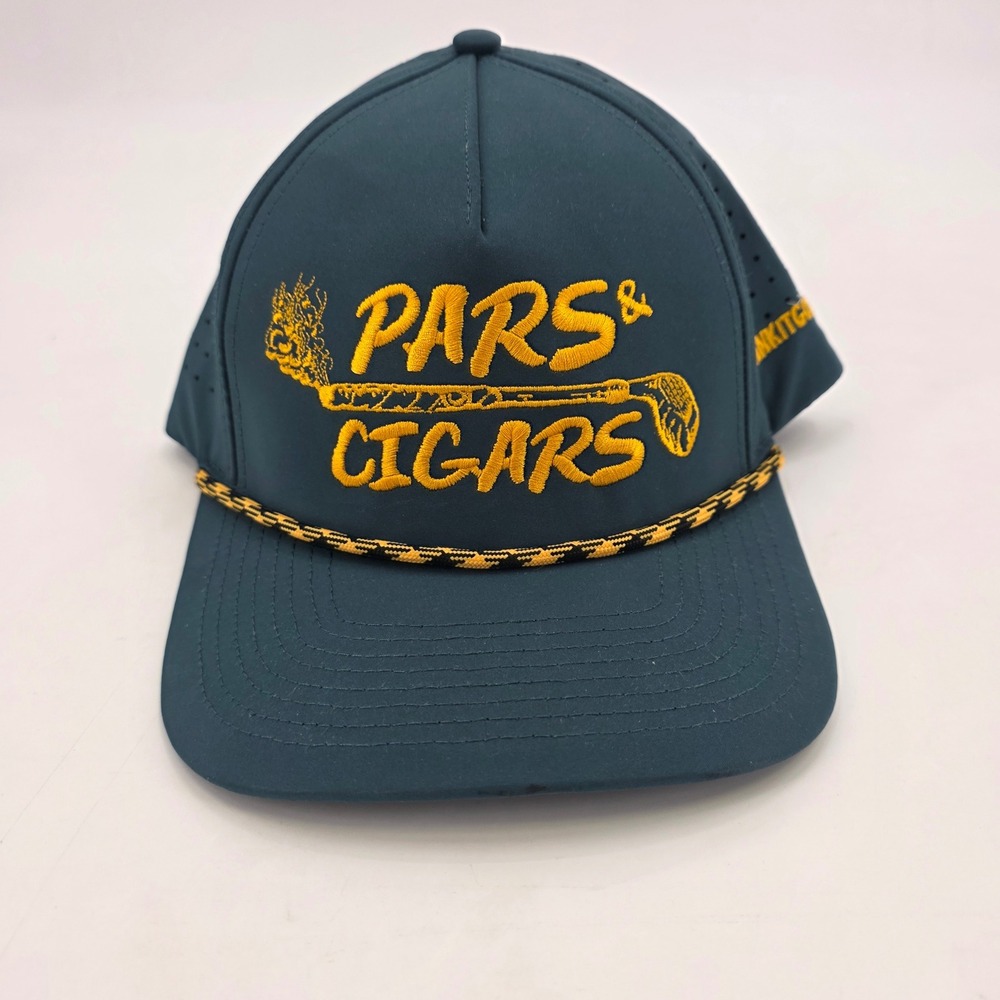 SHANKITGOLF PARS & CIGARS ROPE GOLF HAT SNAPBACK VENTED GREEN YELLOW CAP EUC
